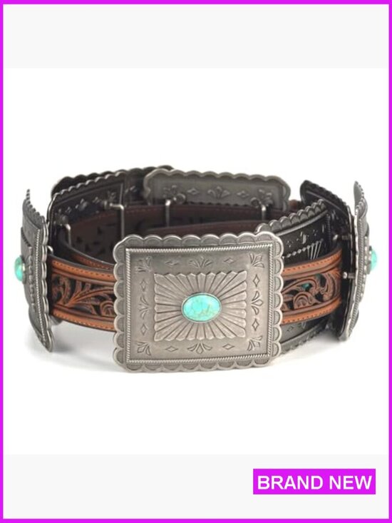 Western Belt with Turquoise Concho Accents Genuine Leather Tooled Embossing main image 6